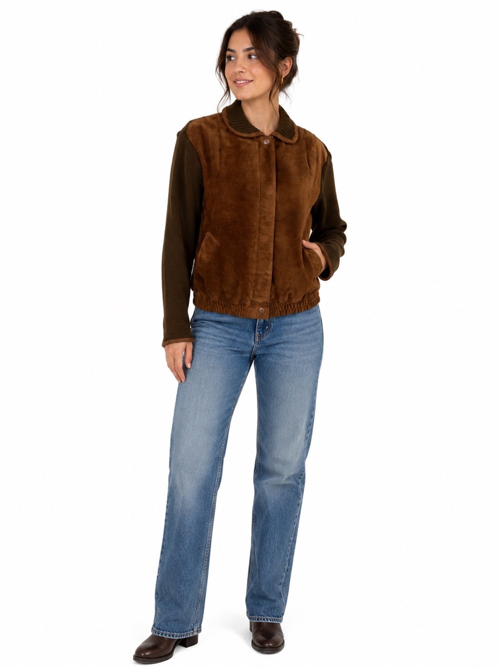 The Petite Idea genuine Suede Leather Sweater Jacket Chartwell Brown Size Large